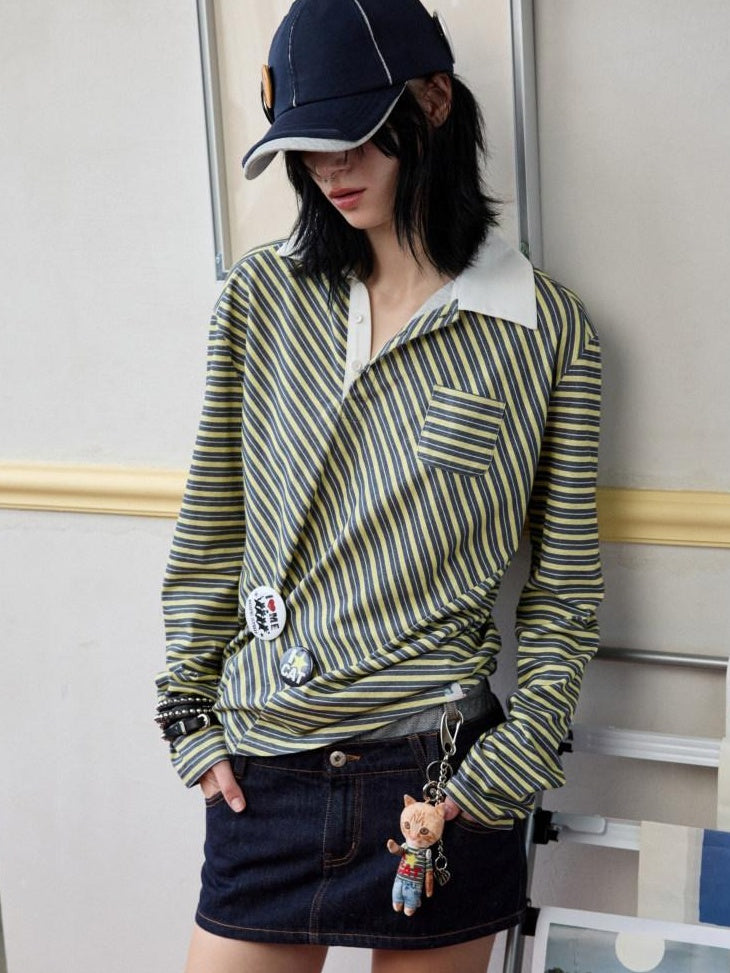 1JINN STUDIO Pure Cotton Patchwork Loose Fit Long Sleeve Polo Collar Casual Striped Polos