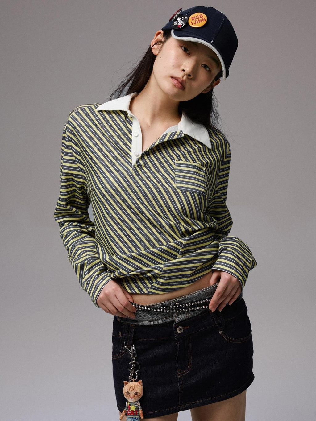 1JINN STUDIO Pure Cotton Patchwork Loose Fit Long Sleeve Polo Collar Casual Striped Polos