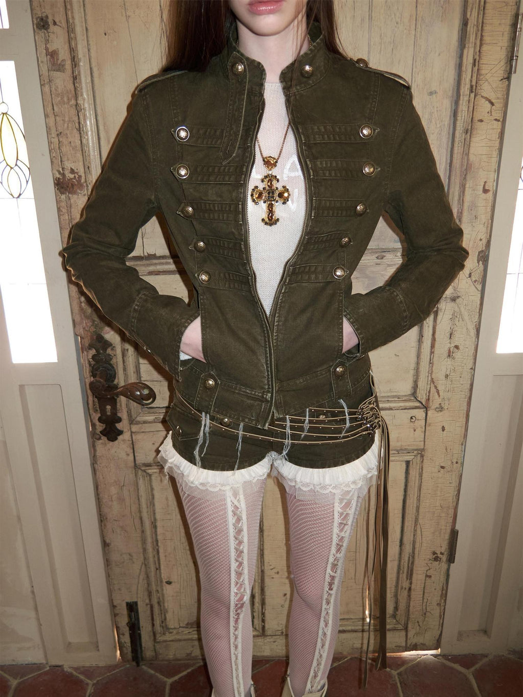 1JINN STUDIO Pure Cotton Slim Fit Court Inspired Double Breasted Stand Collar Cropped Jackets