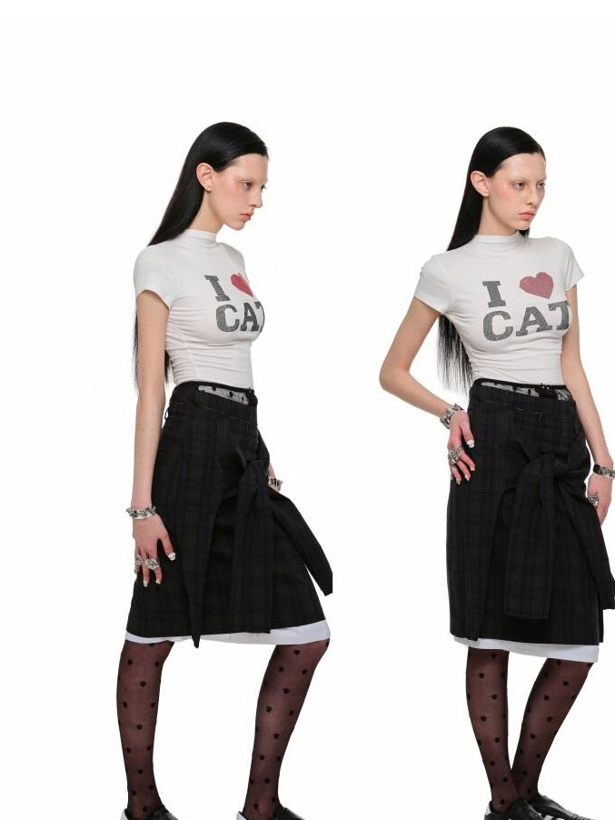 1JINN STUDIO Pure Cotton Straight Mid Waist Office Green Plaid Young Women Midi Skirts