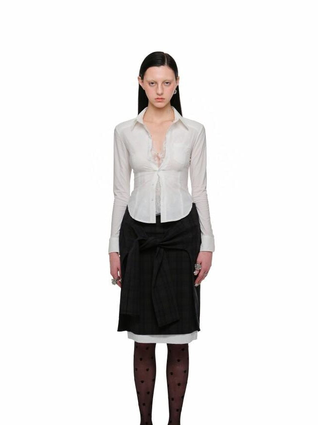 1JINN STUDIO Pure Cotton Straight Mid Waist Office Green Plaid Young Women Midi Skirts