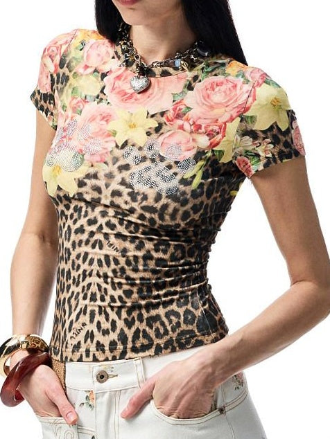 1JINN STUDIO Quick Dry Floral Sparkle Slim Crop Commuter Women Short Sleeve T-Shirts