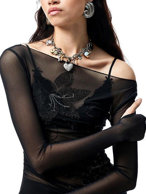 1JINN STUDIO Quick Dry Rhinestone Floral Office Slim Boat Neck Womens Long Sleeve T-Shirts
