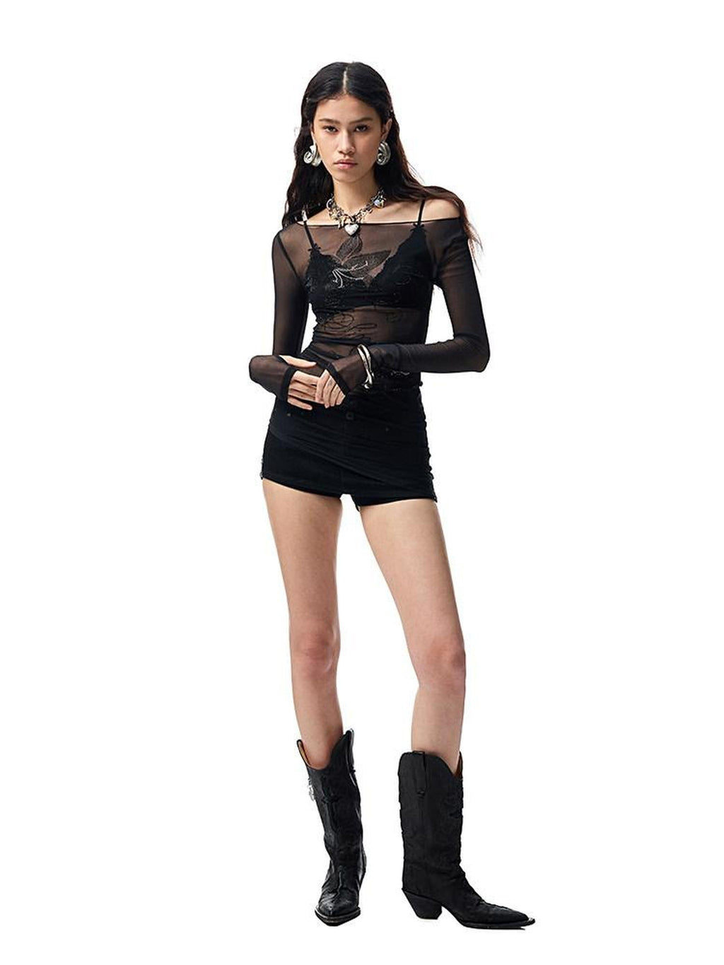 1JINN STUDIO Quick Dry Rhinestone Floral Office Slim Boat Neck Womens Long Sleeve T-Shirts