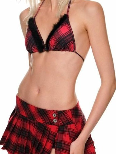 1JINN STUDIO Red Plaid Triangle Bikini Genuine Rabbit Fur Trim Swimwear Bikinis Bikini Sets