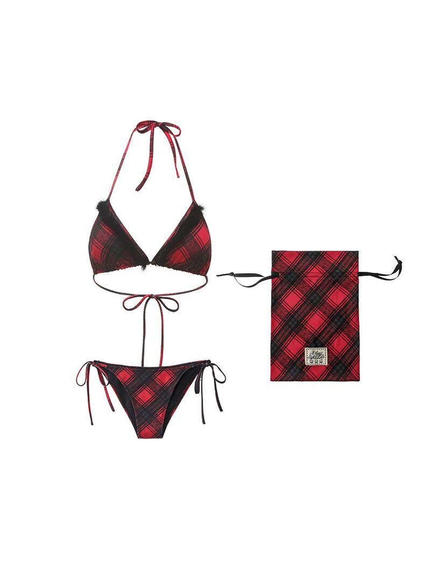 1JINN STUDIO Red Plaid Triangle Bikini Genuine Rabbit Fur Trim Swimwear Bikinis Bikini Sets