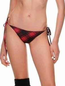1JINN STUDIO Red Plaid Triangle Bikini Genuine Rabbit Fur Trim Swimwear Bikinis Bikini Sets