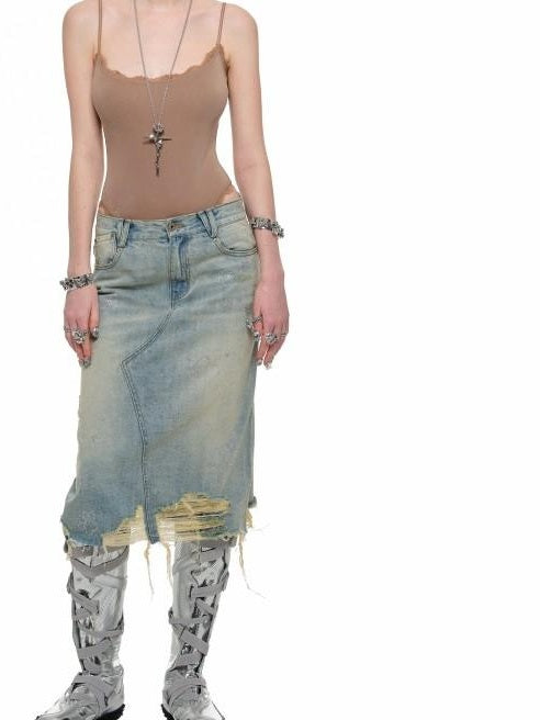 1JINN STUDIO Regenerated Fiber Cotton Blend Commuter Vintage Wash Loose Mid Rise Denim Skirts