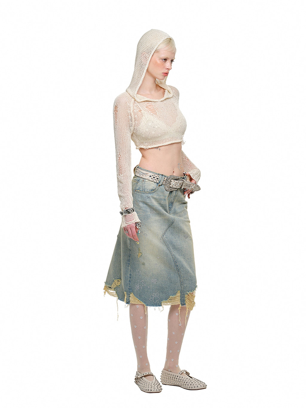 1JINN STUDIO Regenerated Fiber Cotton Blend Commuter Vintage Wash Loose Mid Rise Denim Skirts