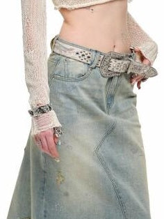 1JINN STUDIO Regenerated Fiber Cotton Blend Commuter Vintage Wash Loose Mid Rise Denim Skirts