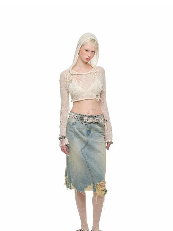 1JINN STUDIO Regenerated Fiber Cotton Blend Commuter Vintage Wash Loose Mid Rise Denim Skirts