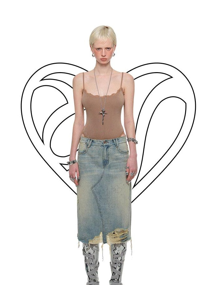1JINN STUDIO Regenerated Fiber Cotton Blend Commuter Vintage Wash Loose Mid Rise Denim Skirts