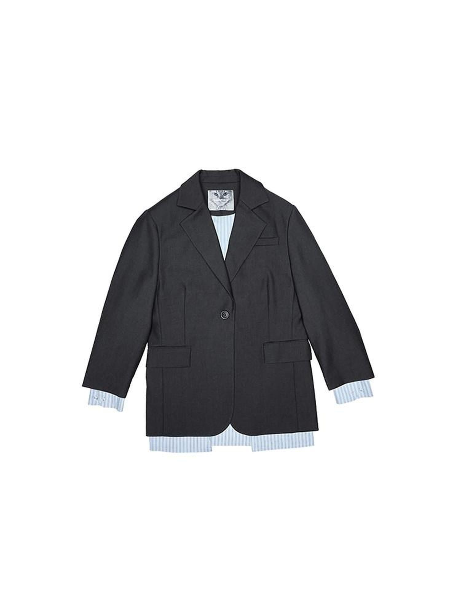 1JINN STUDIO Relaxed Faux Layered Single Breasted Notch Lapel Women Office Dark Gray Blazers