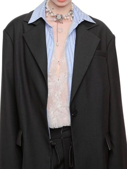 1JINN STUDIO Relaxed Faux Layered Single Breasted Notch Lapel Women Office Dark Gray Blazers