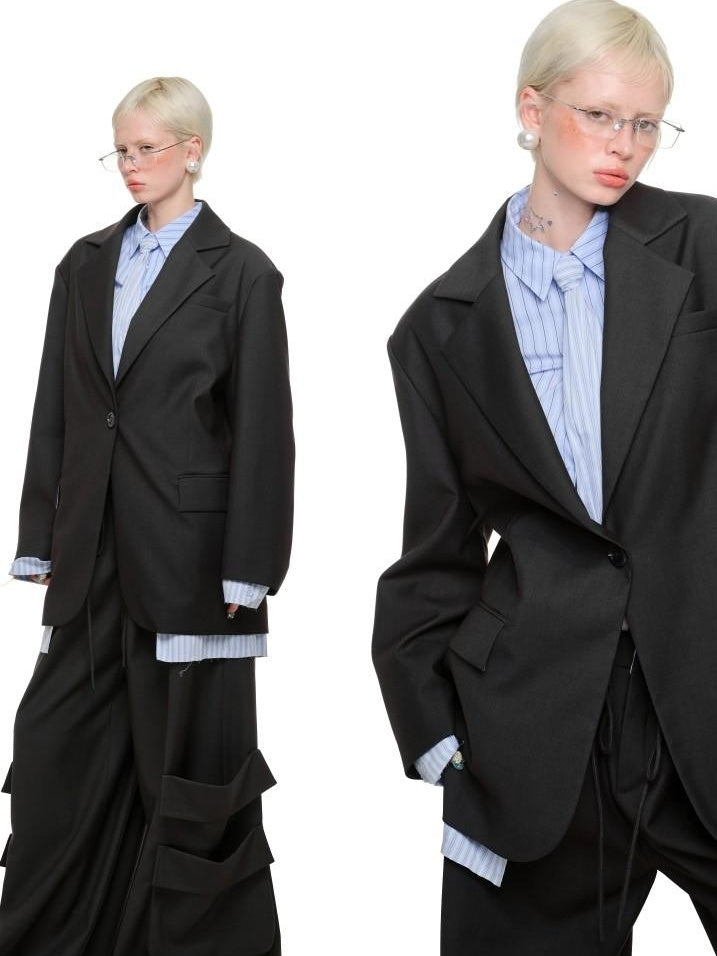 1JINN STUDIO Relaxed Faux Layered Single Breasted Notch Lapel Women Office Dark Gray Blazers