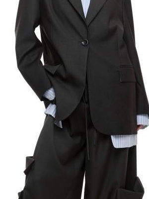 1JINN STUDIO Relaxed Faux Layered Single Breasted Notch Lapel Women Office Dark Gray Blazers