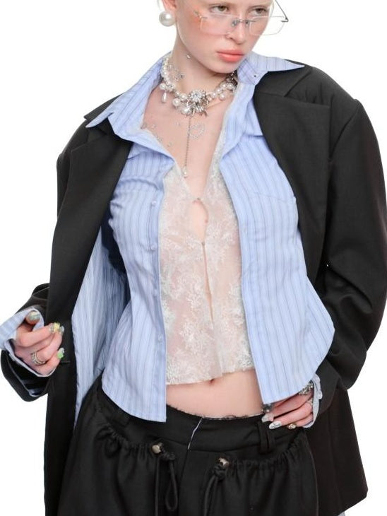 1JINN STUDIO Relaxed Faux Layered Single Breasted Notch Lapel Women Office Dark Gray Blazers
