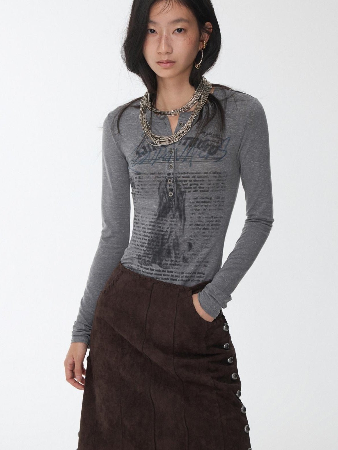 1JINN STUDIO Retro Slim Fit Cropped Polka Dot Print Round Neck Women Long Sleeve T-Shirts
