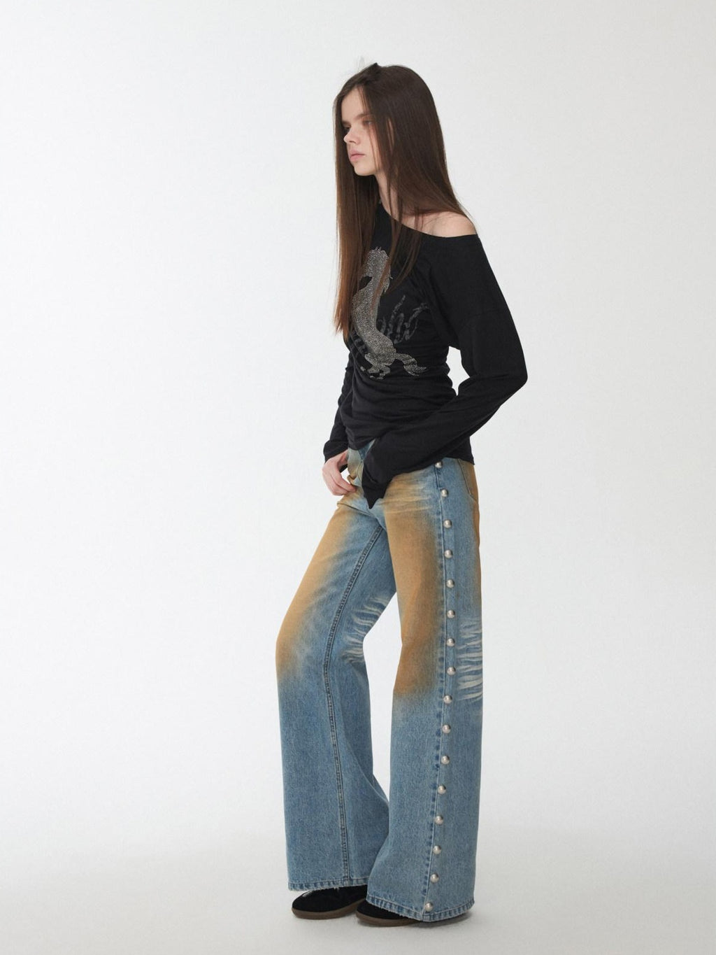 1JINN STUDIO Rhinestone Graphic Slim Fit Casual Off Shoulder Women Long Sleeve T-Shirts