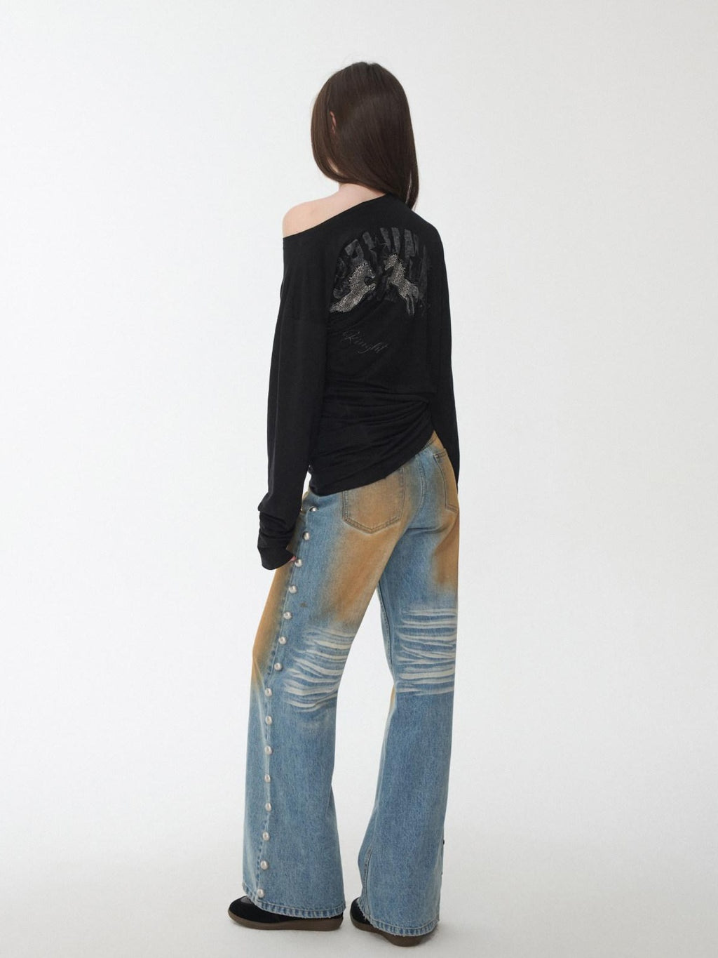 1JINN STUDIO Rhinestone Graphic Slim Fit Casual Off Shoulder Women Long Sleeve T-Shirts