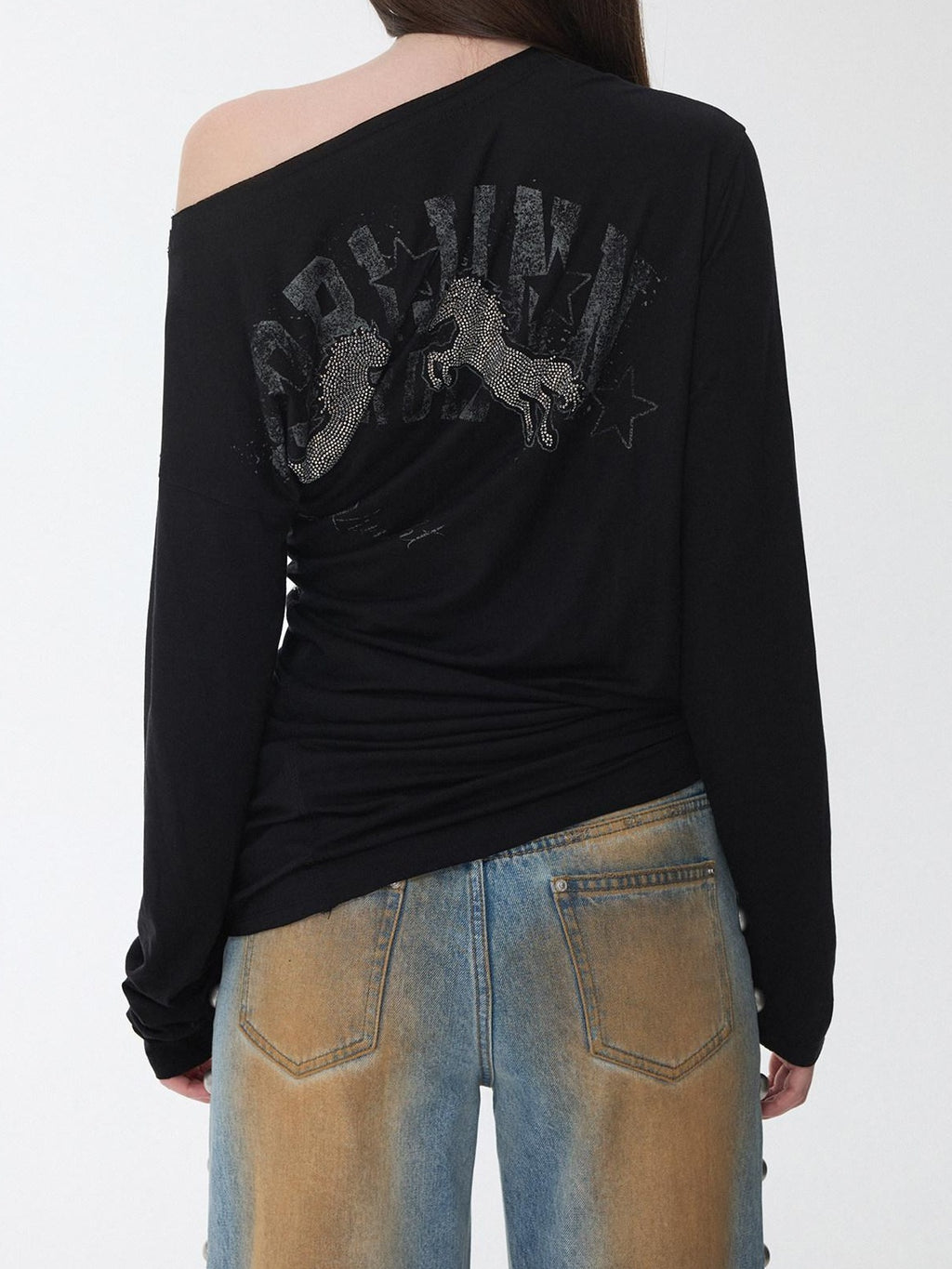 1JINN STUDIO Rhinestone Graphic Slim Fit Casual Off Shoulder Women Long Sleeve T-Shirts