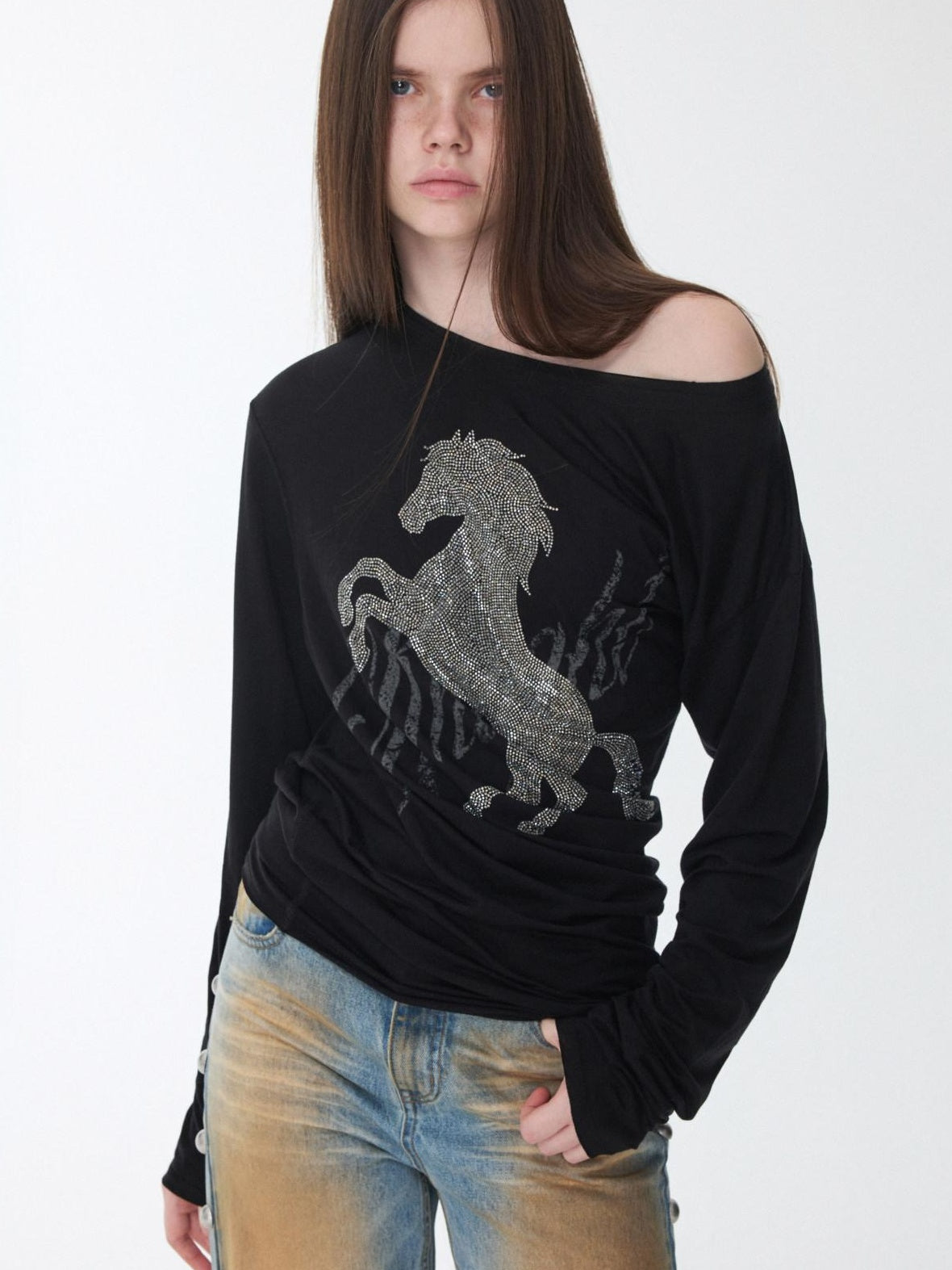 1JINN STUDIO Rhinestone Graphic Slim Fit Casual Off Shoulder Women Long Sleeve T-Shirts