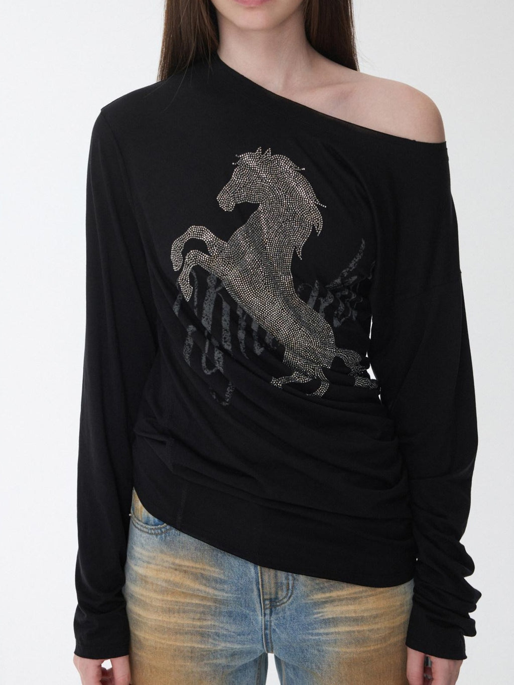 1JINN STUDIO Rhinestone Graphic Slim Fit Casual Off Shoulder Women Long Sleeve T-Shirts