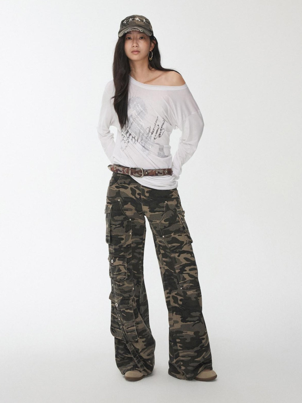1JINN STUDIO Rhinestone Graphic Slim Fit Casual Off Shoulder Women Long Sleeve T-Shirts
