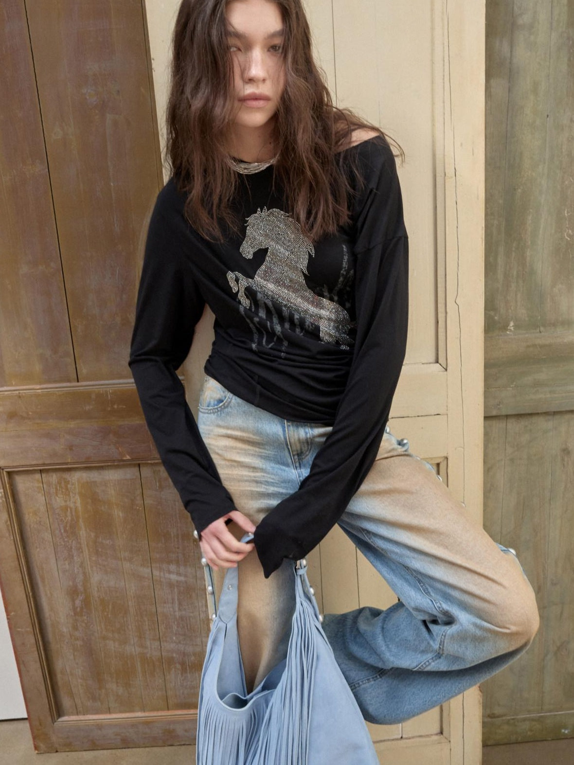 1JINN STUDIO Rhinestone Graphic Slim Fit Casual Off Shoulder Women Long Sleeve T-Shirts