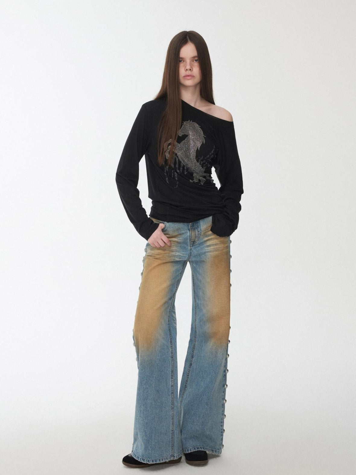 1JINN STUDIO Rhinestone Graphic Slim Fit Casual Off Shoulder Women Long Sleeve T-Shirts
