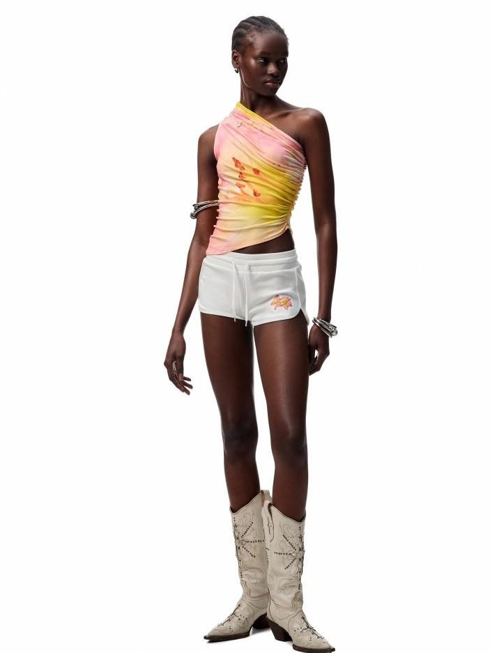1JINN STUDIO Rhinestone Low Waist Slim Drawstring Versatile Womens Mini Shorts