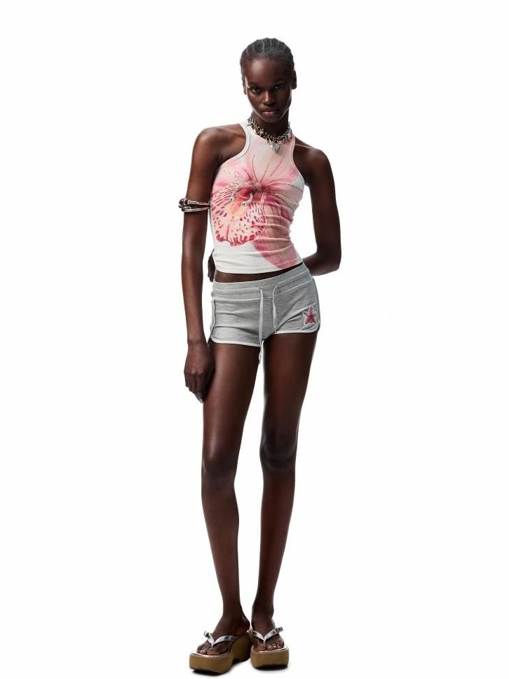 1JINN STUDIO Rhinestone Low Waist Slim Drawstring Versatile Womens Mini Shorts