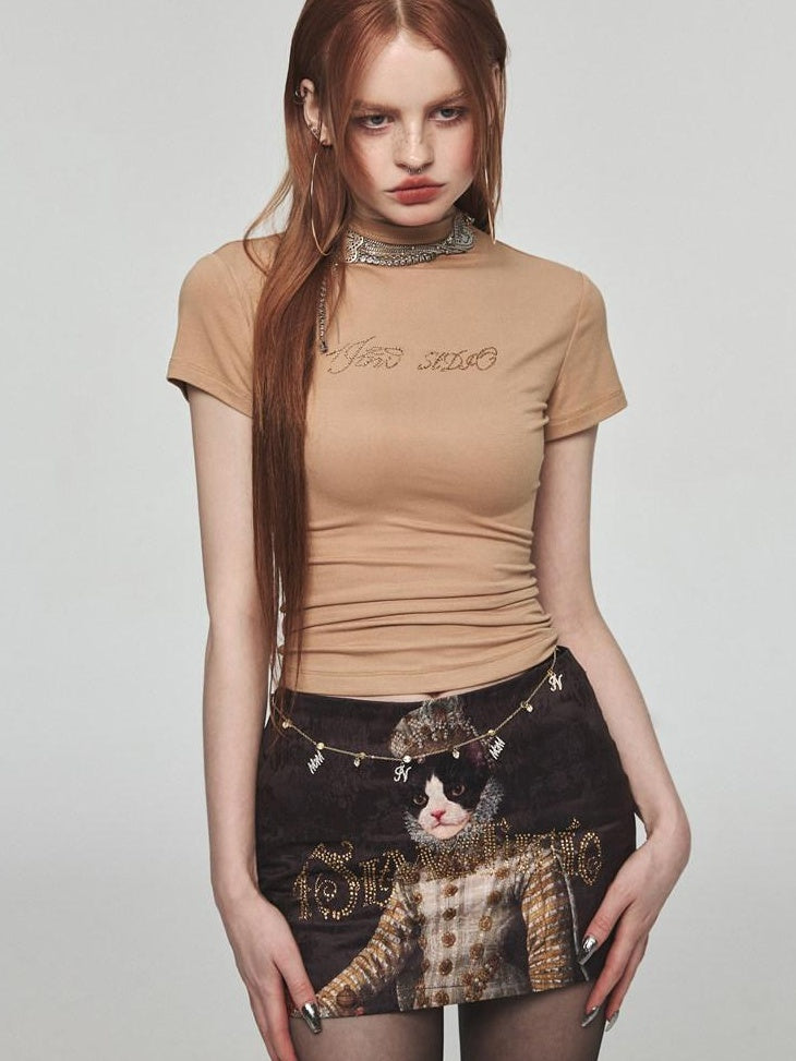 1JINN STUDIO Rhinestone Slim Fit Street Cropped Round Neck Women Short Sleeve T-Shirts