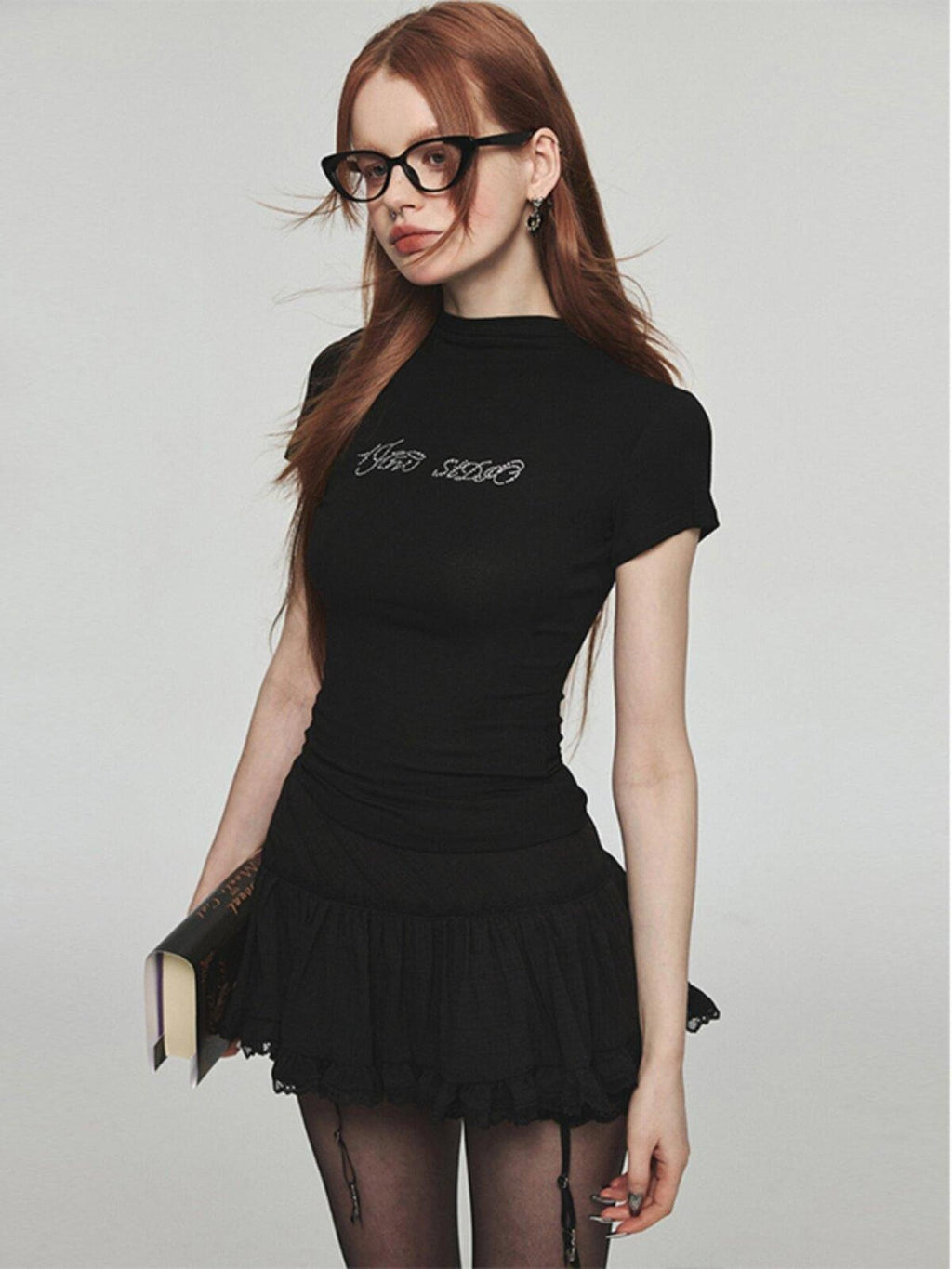 1JINN STUDIO Rhinestone Slim Fit Street Cropped Round Neck Women Short Sleeve T-Shirts