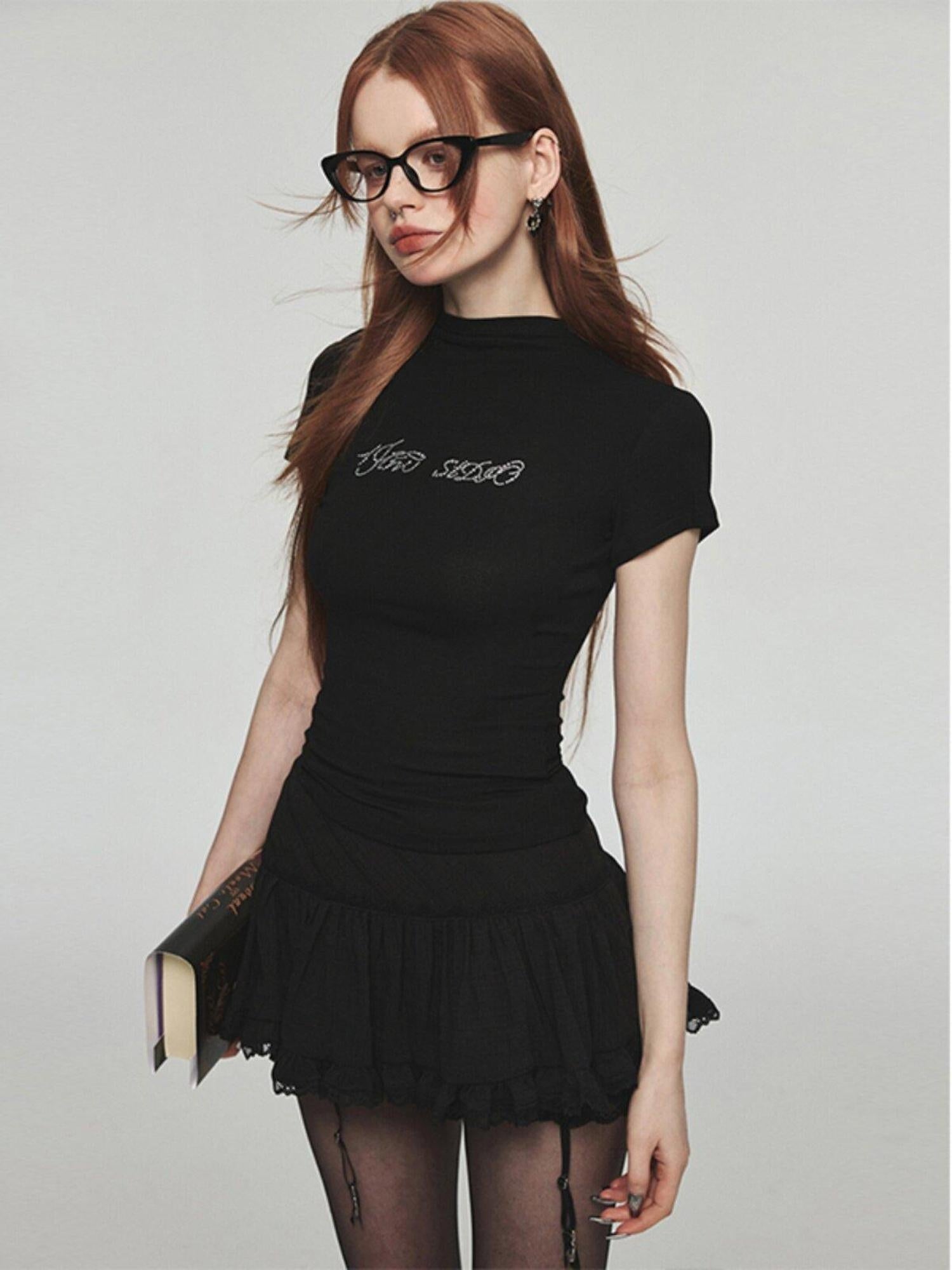 1JINN STUDIO Rhinestone Slim Fit Street Cropped Round Neck Women Short Sleeve T-Shirts