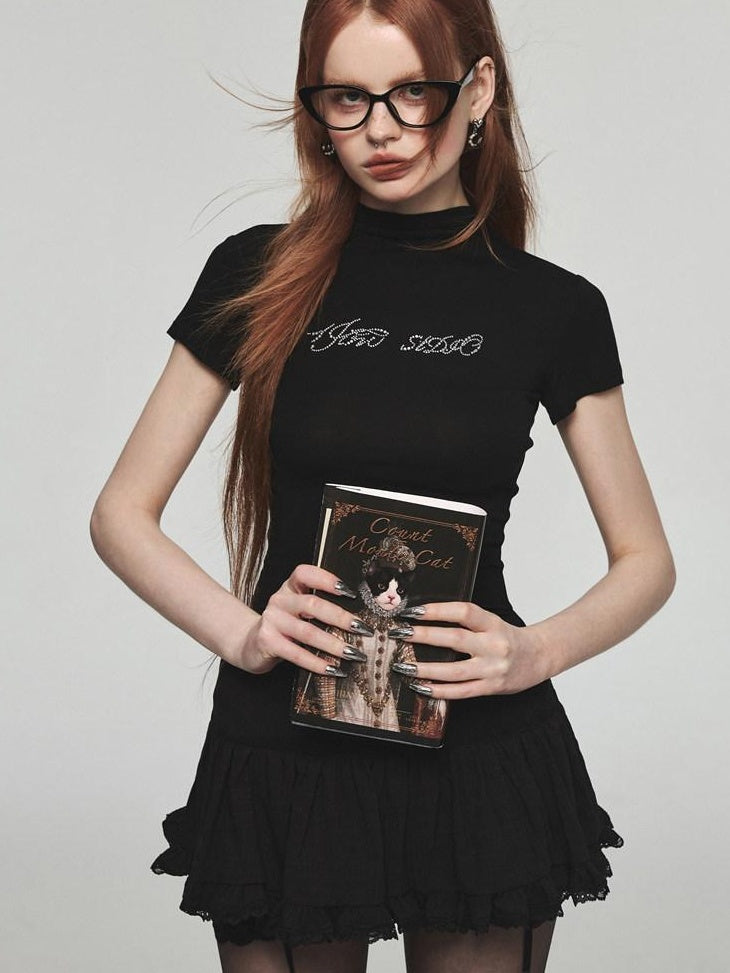 1JINN STUDIO Rhinestone Slim Fit Street Cropped Round Neck Women Short Sleeve T-Shirts