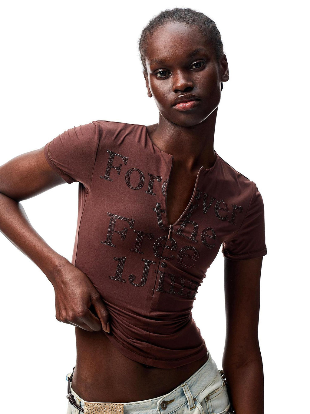 1JINN STUDIO Rhinestone Slim Fit V-neck Women Stretch Nylon Black Short Sleeve T-Shirts