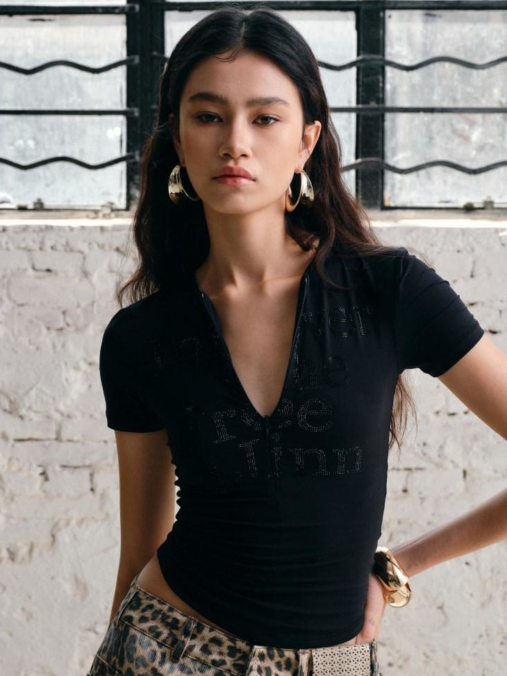 1JINN STUDIO Rhinestone Slim Fit V-neck Women Stretch Nylon Black Short Sleeve T-Shirts