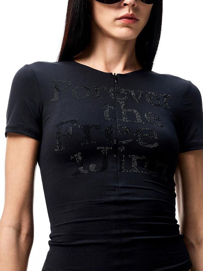 1JINN STUDIO Rhinestone Slim Fit V-neck Women Stretch Nylon Black Short Sleeve T-Shirts