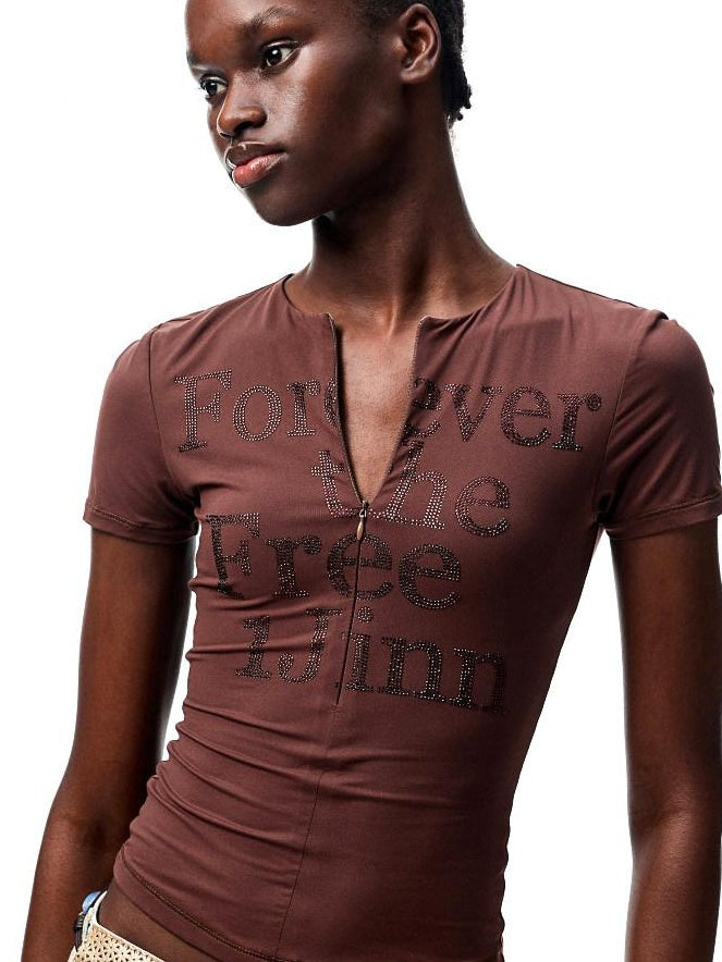 1JINN STUDIO Rhinestone Slim Fit V-neck Women Stretch Nylon Black Short Sleeve T-Shirts