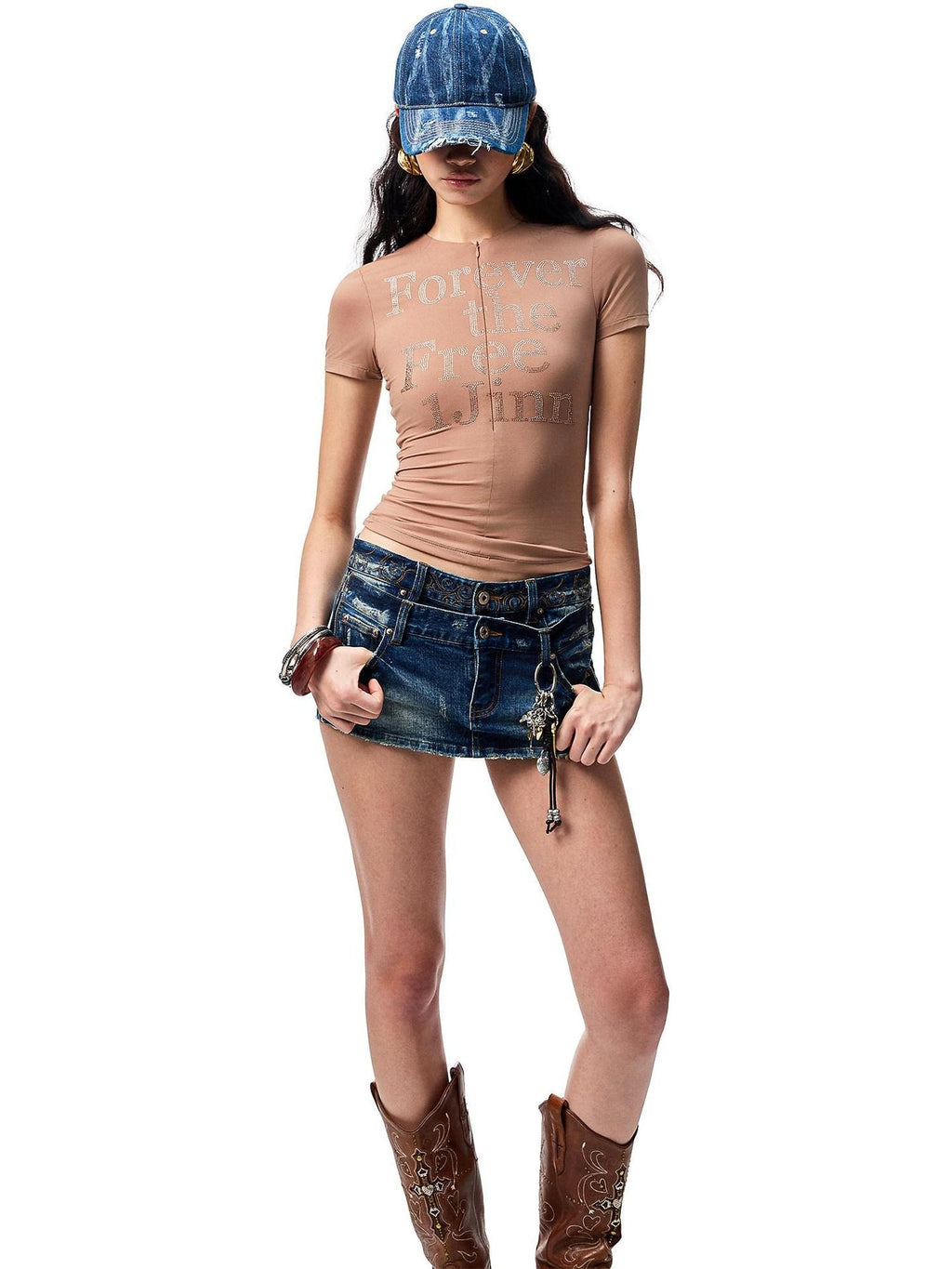 1JINN STUDIO Rhinestone Slim Fit V-neck Women Stretch Nylon Black Short Sleeve T-Shirts
