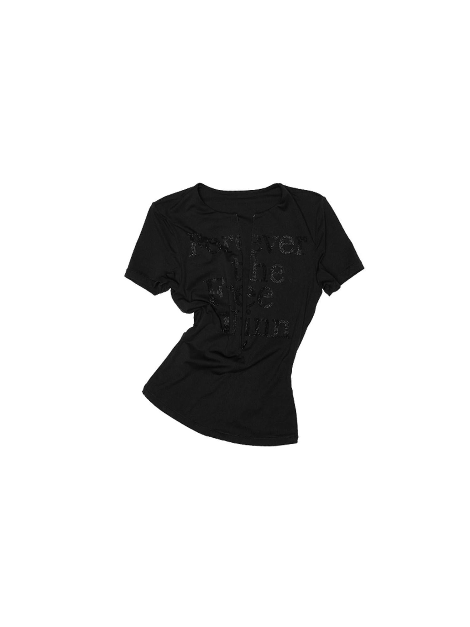 1JINN STUDIO Rhinestone Slim Fit V-neck Women Stretch Nylon Black Short Sleeve T-Shirts