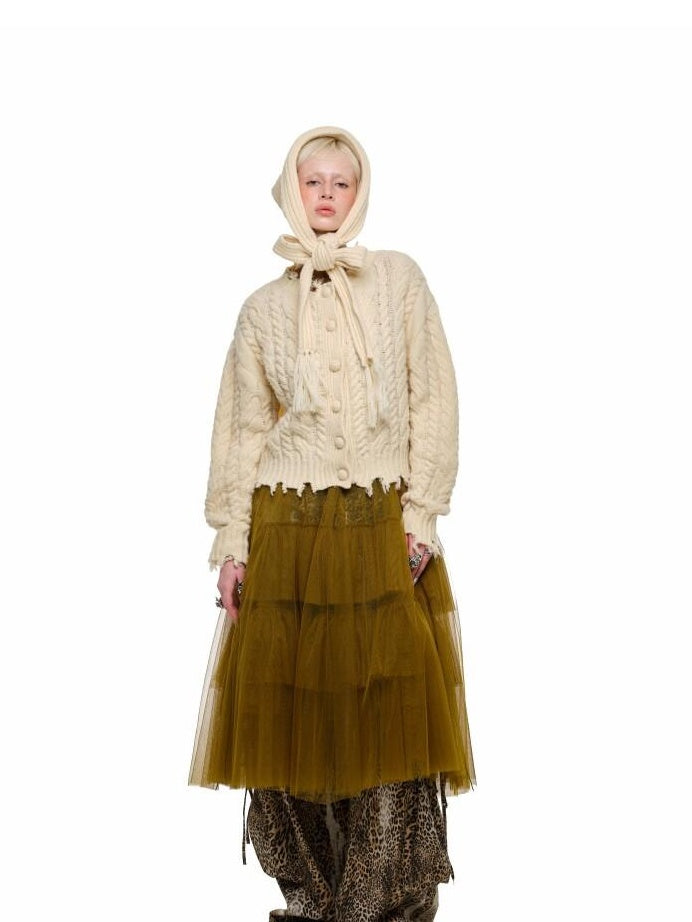 1JINN STUDIO Ripped Button Cardigan Casual Regular Fit Wool Blend Women Knit Top & Skirt Sets