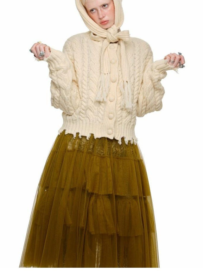1JINN STUDIO Ripped Button Cardigan Casual Regular Fit Wool Blend Women Knit Top & Skirt Sets