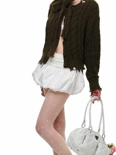 1JINN STUDIO Ripped Button Cardigan Casual Regular Fit Wool Blend Women Knit Top & Skirt Sets