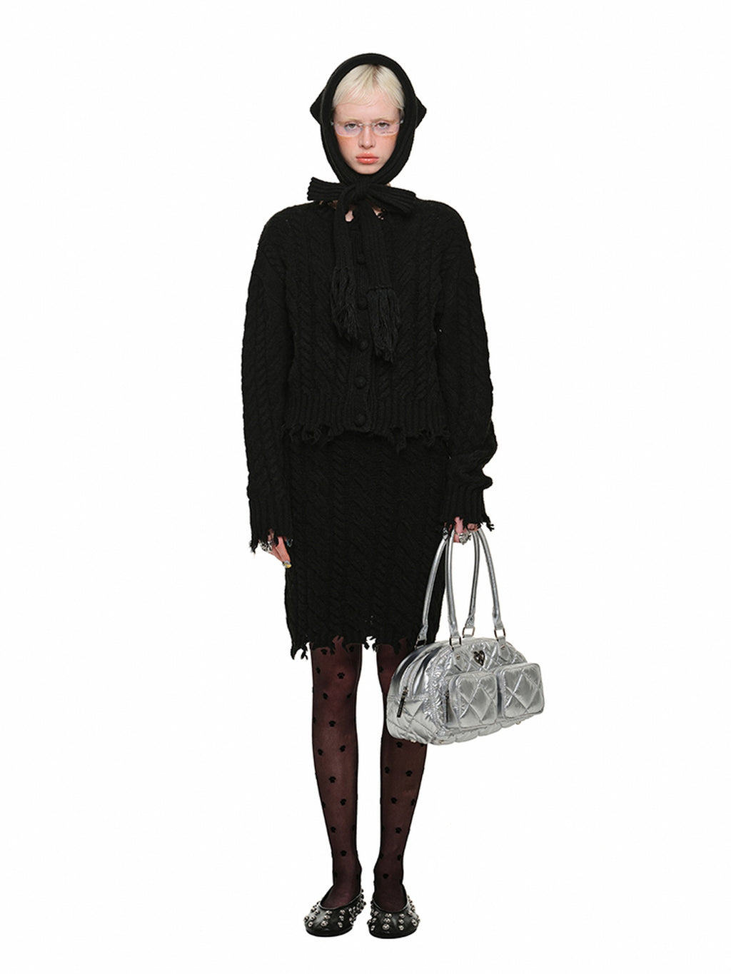 1JINN STUDIO Ripped Button Cardigan Casual Regular Fit Wool Blend Women Knit Top & Skirt Sets