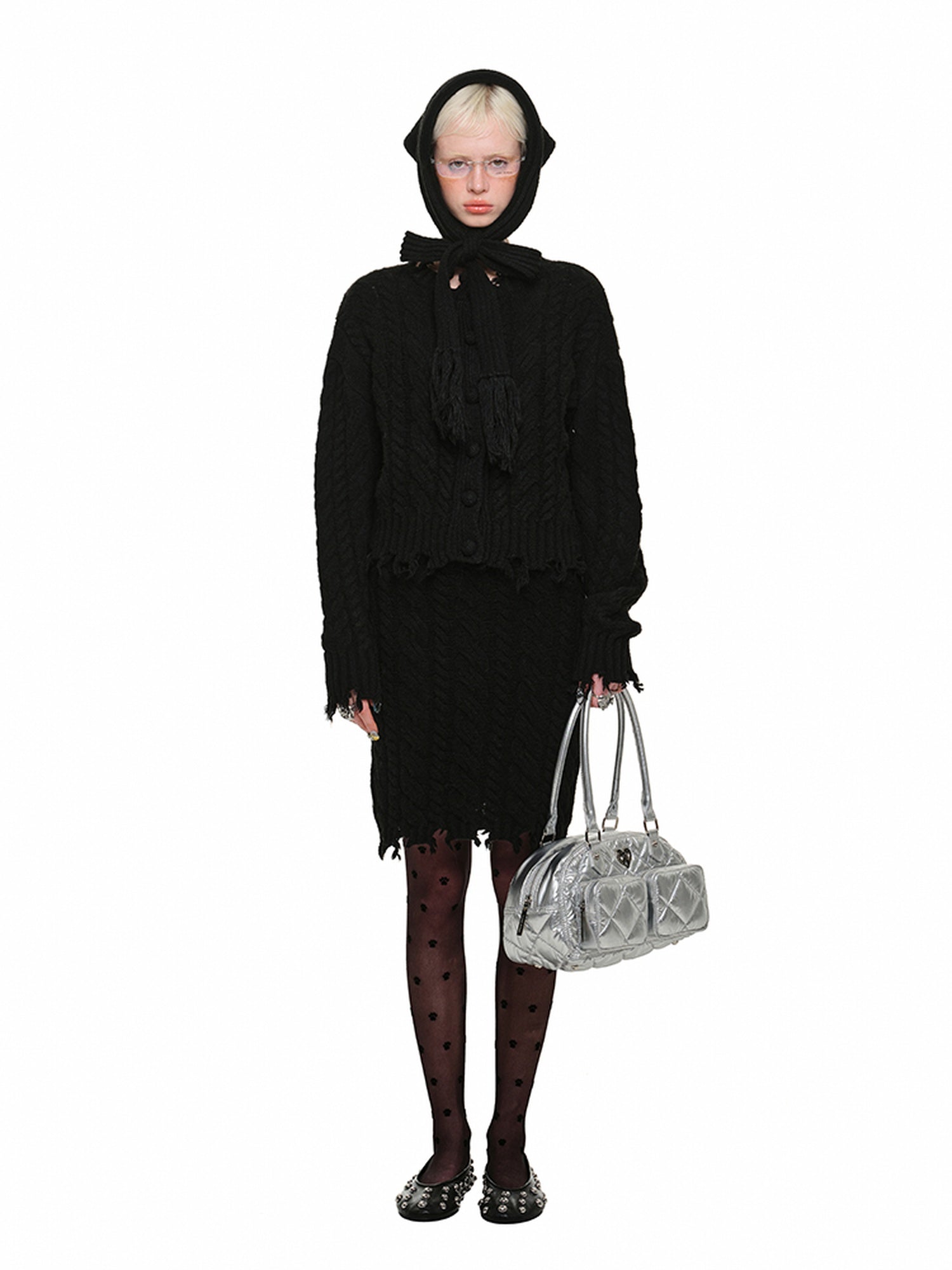 1JINN STUDIO Ripped Button Cardigan Casual Regular Fit Wool Blend Women Knit Top & Skirt Sets