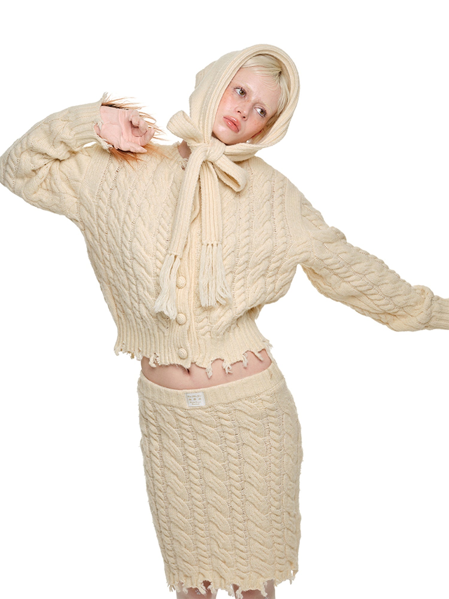 1JINN STUDIO Ripped Button Cardigan Casual Regular Fit Wool Blend Women Knit Top & Skirt Sets