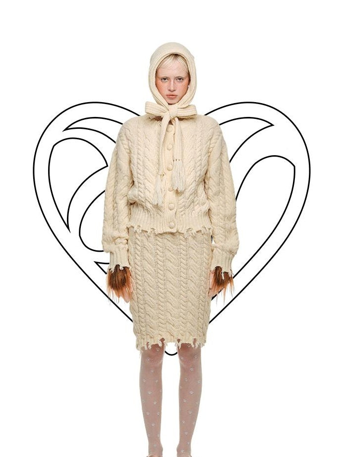 1JINN STUDIO Ripped Button Cardigan Casual Regular Fit Wool Blend Women Knit Top & Skirt Sets