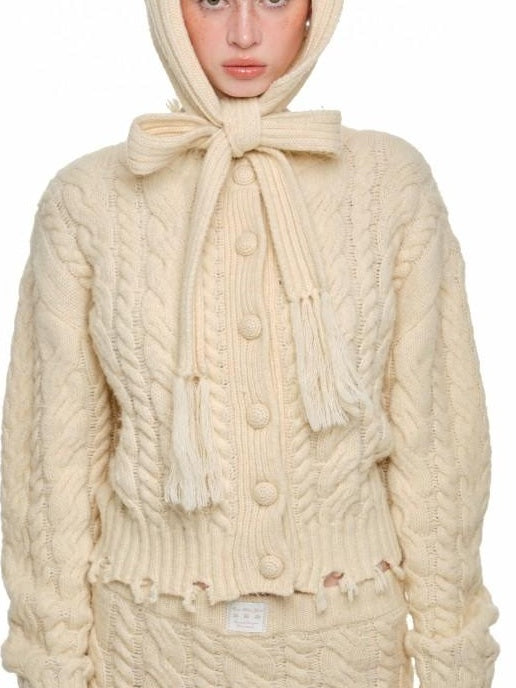 1JINN STUDIO Ripped Button Cardigan Casual Regular Fit Wool Blend Women Knit Top & Skirt Sets